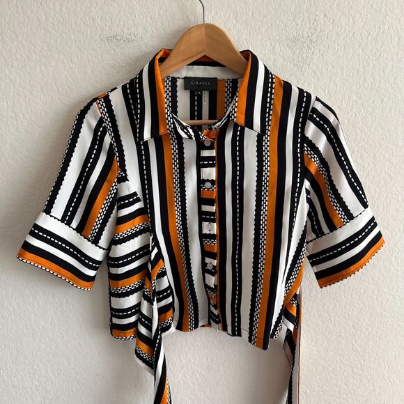 Gracia Tops - NWOT GRACIA Striped Orange Black White Button Down Crop Wrap Shirt Womens Small